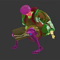 Cyborg Character In Red And White Jacket With Mechanical Legs Crouching On Reflective Surface