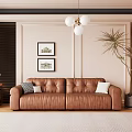Modern Living Room Interior With Brown Leather Sofa Throw Pillows Framed Paintings And Floor Lamp