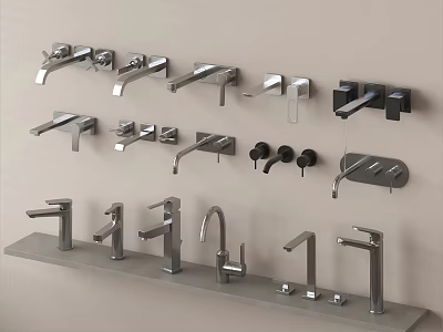 Modern Stainless Steel Faucets in Various Designs Displayed on Wall and Shelf 3d model