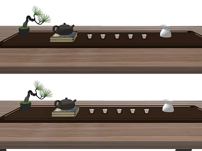 Traditional Tea Set With Teapot Cups And Decorative Plant On Wooden Tray 3d model