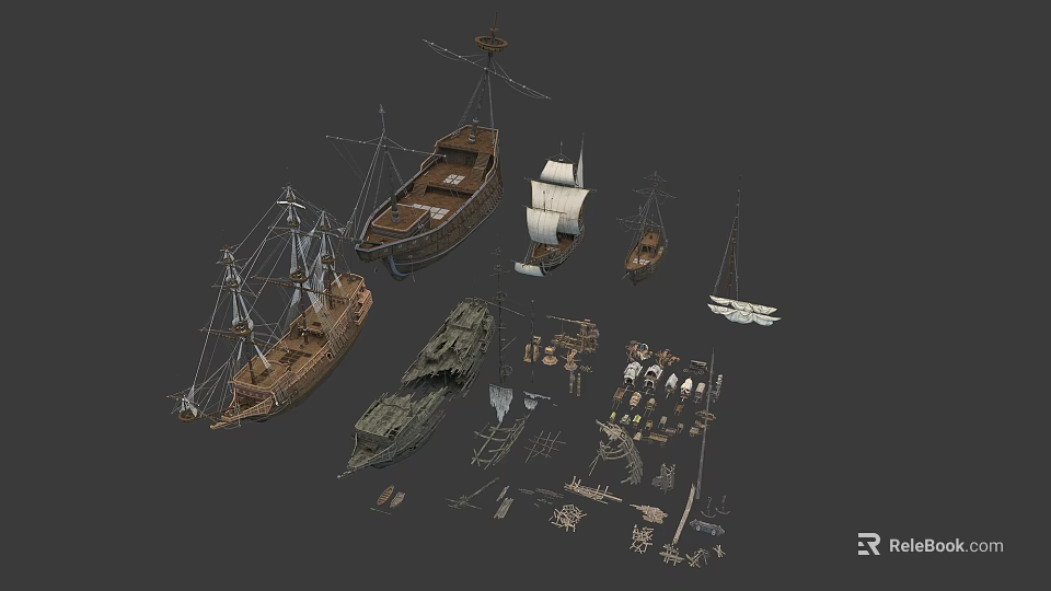 Collection of Various Traditional and Modern Water Vessels with Ships and Components 3d model 