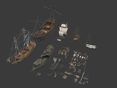 Collection of Various Traditional and Modern Water Vessels with Ships and Components 3d model