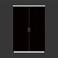 Dark Brown Double Door Cabinet With Silver Handles And White Borders On Top And Bottom