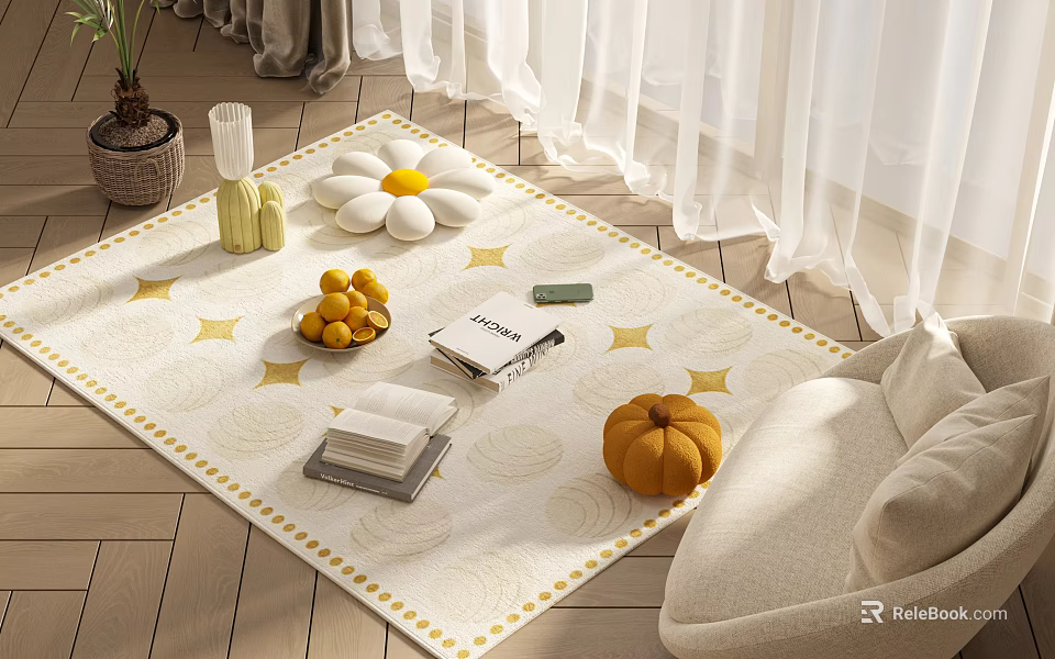 Decorative Ornament Combination with Daisy Cushion Oranges Books and Pumpkin on Gold Star Pattern Rug 3d model 