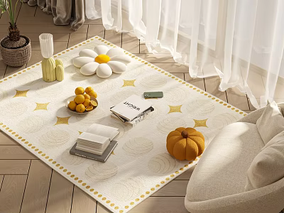 Decorative Ornament Combination with Daisy Cushion Oranges Books and Pumpkin on Gold Star Pattern Rug 3d model
