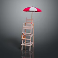 Wooden Multi Tiered Outdoor Furniture With Red And White Umbrella Seat And Storage Shelf