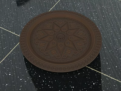 Brown Round Rug With Intricate Geometric Pattern And Ornate Border On Dark Floor 3d model