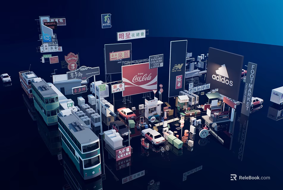City Public Facilities With Double Decker Buses Billboards And Store Signs 3d model 