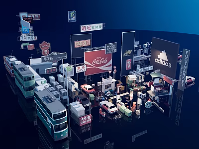 City Public Facilities With Double Decker Buses Billboards And Store Signs 3d model