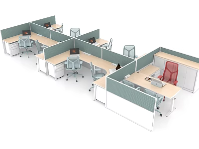 Contemporary Office Workspace Featuring Cubicles Desks Computers Green Panels And Red Chair 3d model