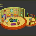 Vibrant Children's Playroom Interior With Toys Shelves Mirror And Round Design