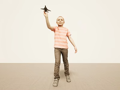 Boy In Pink Striped Tshirt Brown Pants Holding Black Toy Plane Standing On Beige Floor 3d model