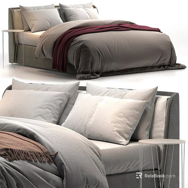 Cozy Modern Double Bed With Soft Pillows Gray Blanket And Bedside Table 3d model 