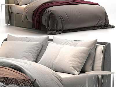 Cozy Modern Double Bed With Soft Pillows Gray Blanket And Bedside Table 3d model