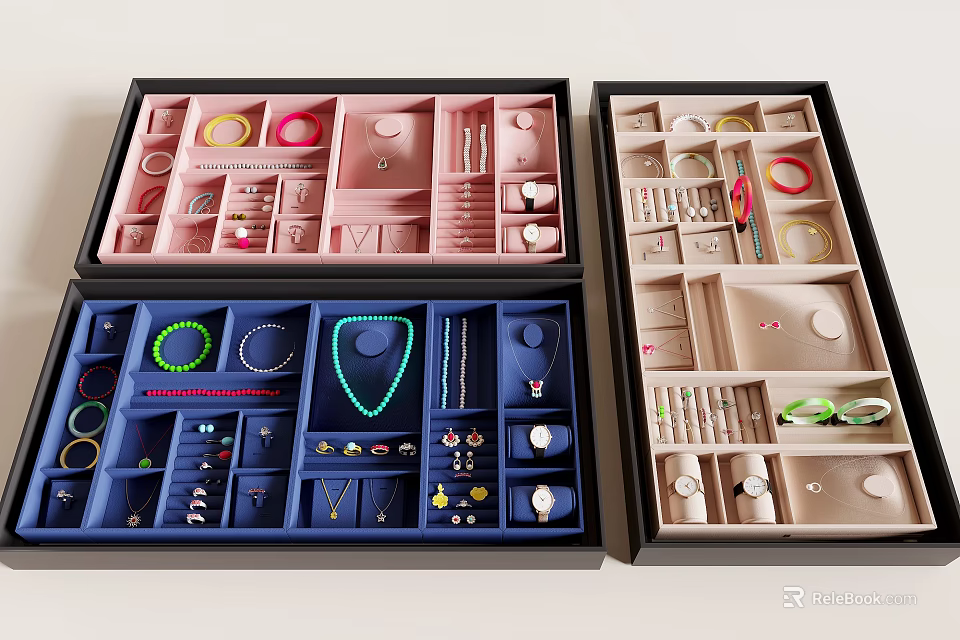 Organized Jewelry Storage Boxes With Necklaces Earrings Rings And Bracelets In Pink Blue Beige Compartments 3d model 