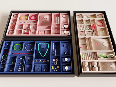 Organized Jewelry Storage Boxes With Necklaces Earrings Rings And Bracelets In Pink Blue Beige Compartments 3d model