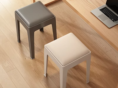 Modern Gray and Beige Leather Seat Stools on Wooden Floor with Laptop and Table 3d model