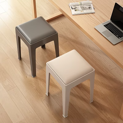 Modern Gray and Beige Leather Seat Stools on Wooden Floor with Laptop and Table 3d model Modern Gray and Beige Leather Seat Stools on Wooden Floor with Laptop and Table 3d model