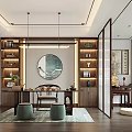 Traditional Chinese Study Room With Round Mirror Bookshelves Writing Desk And Chair