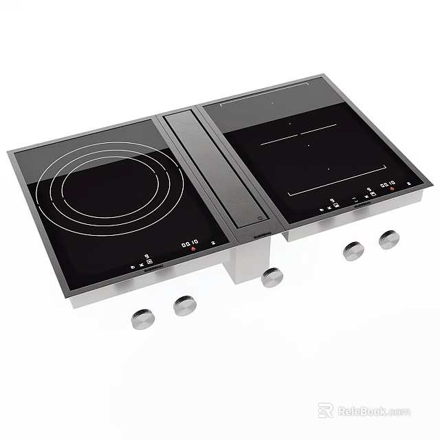 Double Burner Induction Cooktop Featuring Black Glass Surface And Stainless Steel Control Knobs 3d model 