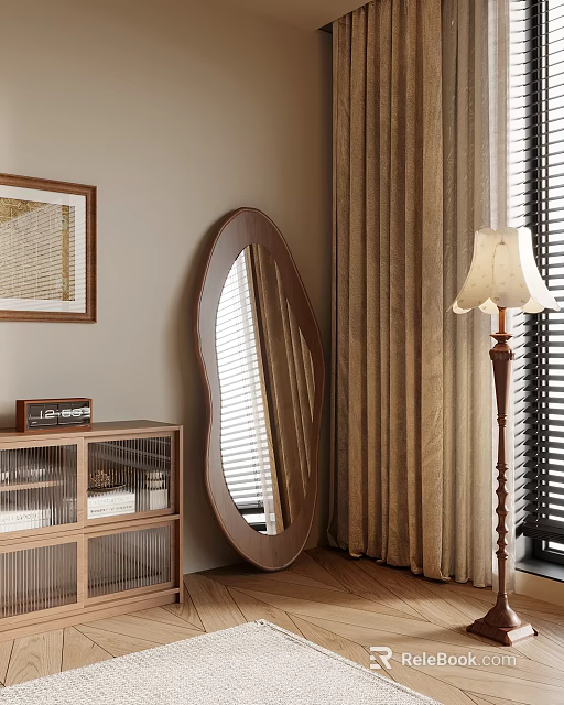 Cozy Interior Decor With Oval Mirror Wooden Cabinet Floor Lamp And Brown Curtains 3d model 
