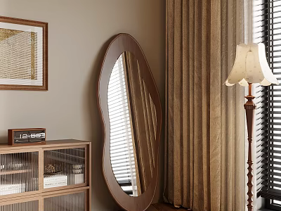 Cozy Interior Decor With Oval Mirror Wooden Cabinet Floor Lamp And Brown Curtains 3d model
