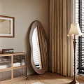 Cozy Interior Decor With Oval Mirror Wooden Cabinet Floor Lamp And Brown Curtains