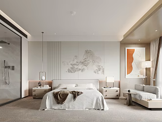 New Chinese Hotel Room Hotel Big Bed Room Double Bed Background Wall Chaise Chair Floor Lamp Small Chandelier 3d model
