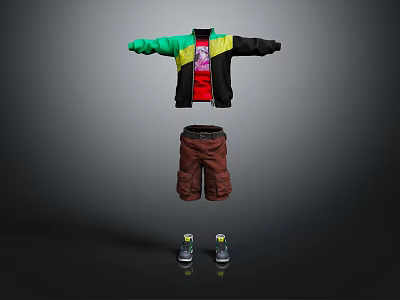 Stylish Colorful Jacket With Red Shirt Brown Cargo Shorts And Gray Sneakers 3d model