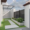 Modern Garden Landscape with White Wall Black Gate and Green Bushes in Front of House