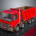 Red Mercedes Dump Truck With Large Cargo Bed And Multiple Wheels On Shiny Surface
