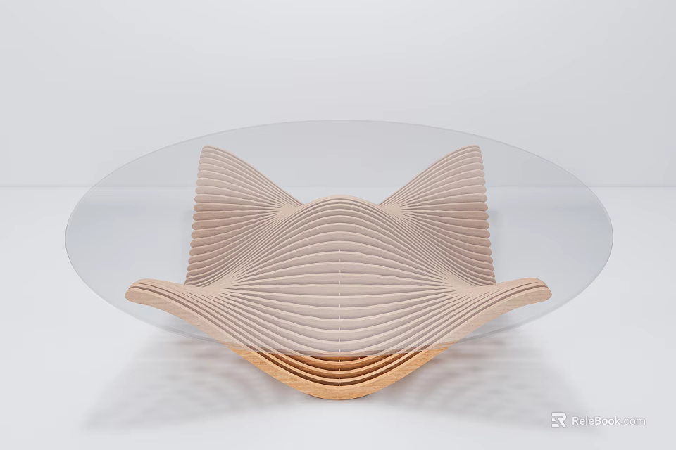 Modern Artistic Coffee Table Featuring Transparent Glass Top And Wavy Wooden Base 3d model 