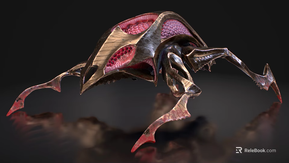 Biomechanical Beetle like Creature with Metallic Exoskeleton Red Internal Structure Sharp Legs 3d model 