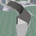 Modern Waterfront Building With Curved Roof And Columns And Snowy Water Reflection