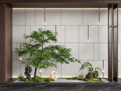 Natural Indoor Landscape With Green Tree White Wall Soft Lighting Stones Moss And Wooden Accents 3d model