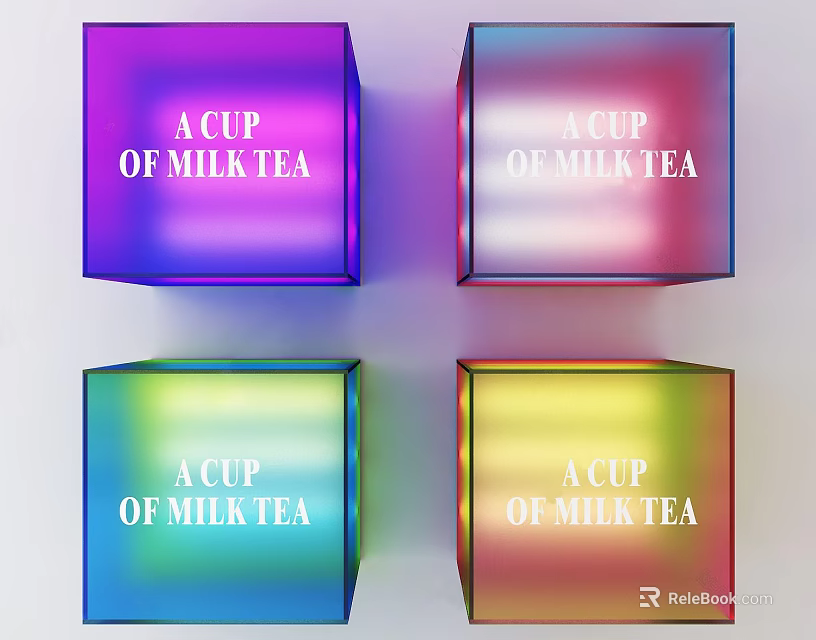 Colorful Cube Display For Milk Tea Packaging With A Cup Of Milk Tea Text 3d model 