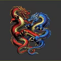 Red And Blue Mythical Dragons Intertwined In Dynamic Coiled Pose With Vibrant Scales