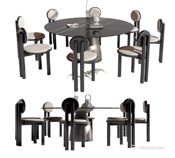 Modern Round Dining Table Set with Black Frame and Light Colored Curved Backrest Chairs 3d model