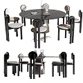 Modern Round Dining Table Set with Black Frame and Light Colored Curved Backrest Chairs 3d model
