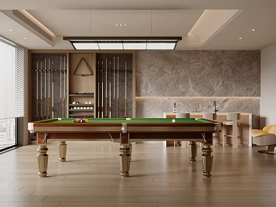 Modern Entertainment Room With Pool Table Wooden Wine Cabinet And Marble Wall 3d model