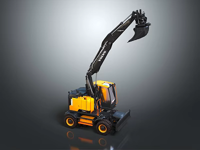 Modern Yellow Black Excavator With Mechanical Arm Bucket And Wheels 3d model