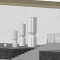 White Cylindrical Textured Sculptures Against Gray Wall With Green Trees Black Platform And Steps