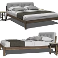 Modern Double Bed With Wooden Frame Upholstered Headboard And Side Table 3d model