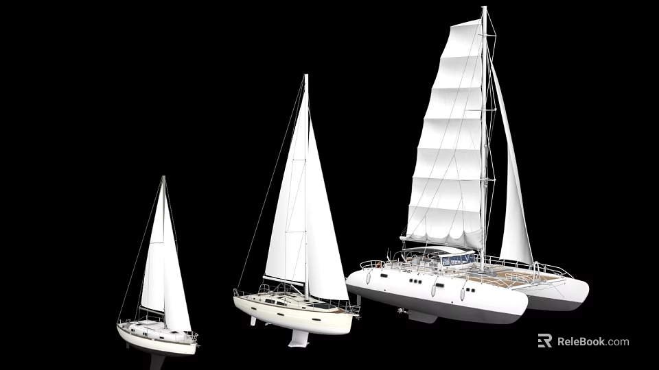 White Sailboats Showcasing Three Different Sizes Classic Sails And Hulls Design 3d model 