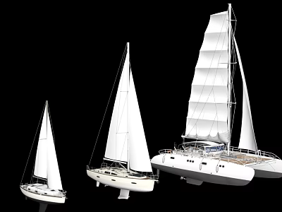 White Sailboats Showcasing Three Different Sizes Classic Sails And Hulls Design 3d model
