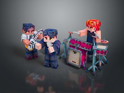 Pixelated Characters Forming Band With Guitar Drums And Singing Performance 3d model