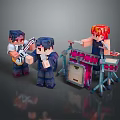 Pixelated Characters Forming Band With Guitar Drums And Singing Performance