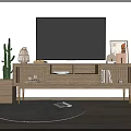 Wooden TV Stand With Drawers Open Shelves Flat screen TV Cactus Plant And Round Gray Rug