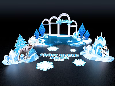 Frost Queen Themed Stage with Ice Sculptures Snowflakes Reindeer and Castle Decor 3d model