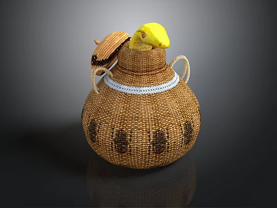 Yellow Bird Peeking Out From Brown Woven Basket With Lid And Patterns 3d model